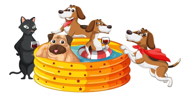 Bezpłatny wektor grupa psów domowych w nadmuchiwanym basenie