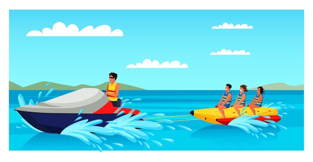 Bezpłatny wektor grupa turystów jedzie na bananie ciągnącym motorówką w słoneczny dzień zabawne podróże aktywne wakacje wodne rozrywki wakacje na morzu lub oceanie