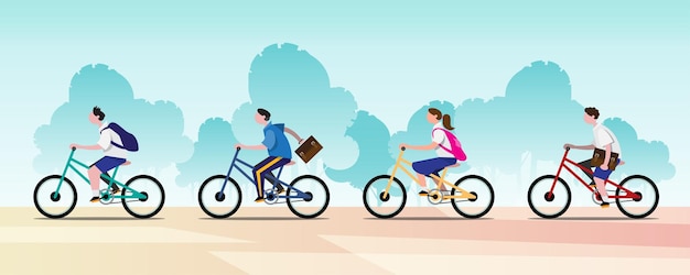 Bezpłatny wektor grupy uczniów jeżdżą na rowerach, aby pojechać do szkoły i dobrze się bawić. edukacja jest jak podróż dookoła świata. płaski projekt ilustracji wektorowych