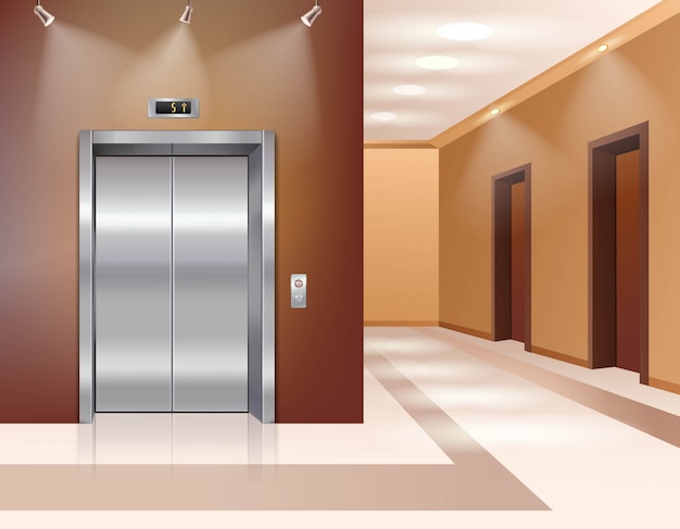 Hala hotelowa lub biurowa z zamkniętymi drzwiami windy