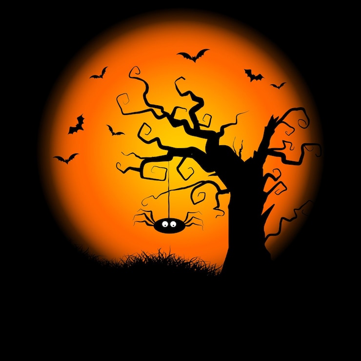 Bezpłatny plik Wektor halloween na tle z wiszącym pająkiem i przerażającym drzewem