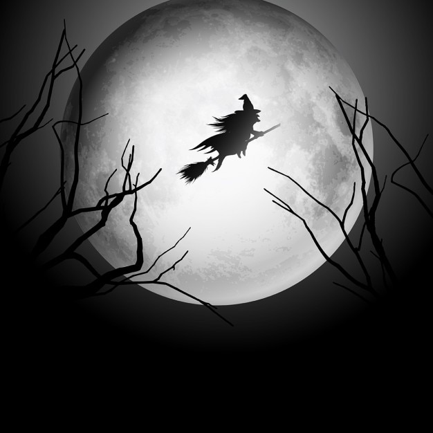 Bezpłatny wektor halloween tle sylwetka wiedźma latania na nocnym niebie
