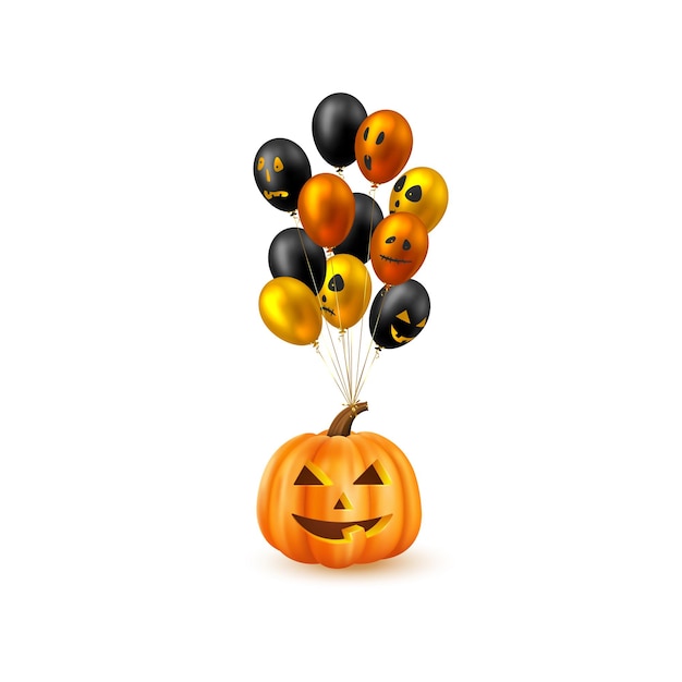Halloweenowa wisząca dynia z błyszczącymi balonami. Twarze potworów. Na białym tle. Ilustracja wektorowa.