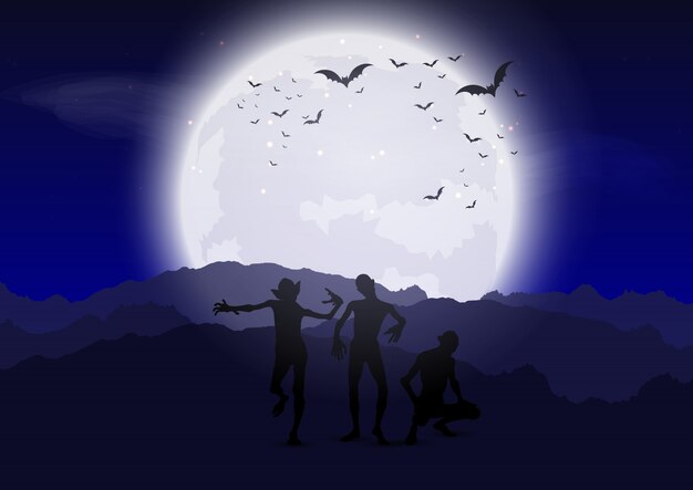 Halloweenowi zombie przeciw moonlit niebu