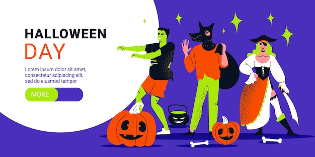 Halloweenowy Dzień Poziomy Transparent Szablon Z Ludźmi Noszącymi Kostiumy Pirackiego Zombie I Płaskiej Ilustracji Wektorowych Wilkołaka