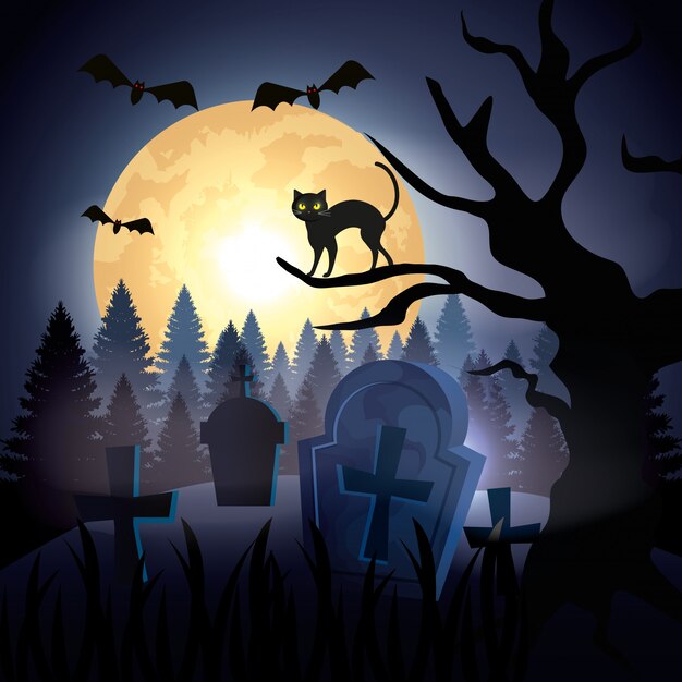 Halloweenowy kot nad suchym drzewem w cmentarzu