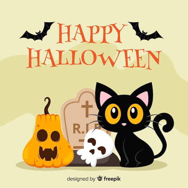 Halloweenowy Kot Tło W Płaskim Projekcie