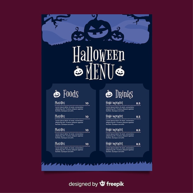 Bezpłatny wektor halloweenowy menu szablon z płaskim projektem