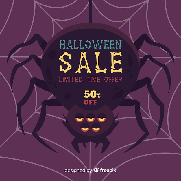 Bezpłatny wektor halloweenowy sprzedaży tło z pająkiem
