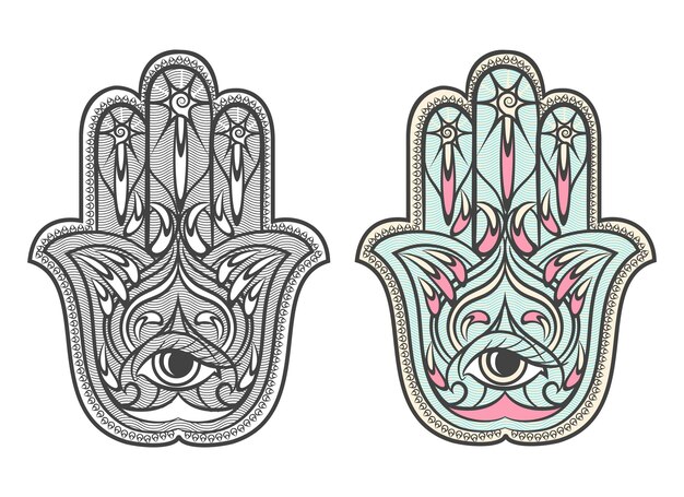 Hamsa, Fatima ręka amulet wektor zestaw symboli. Oko hamsa, amulet hamsa, talizman hamsa, ilustracja hand fatima