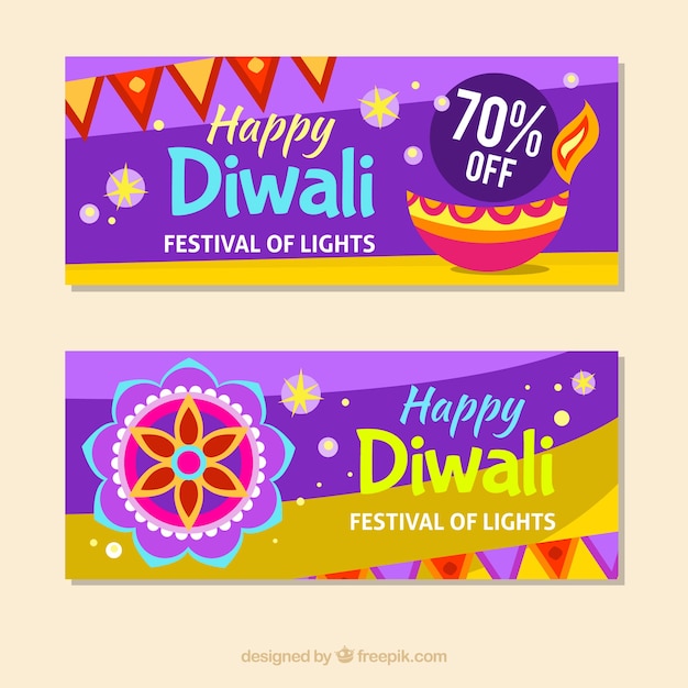 Bezpłatny wektor happy banery diwali z lampą naftową i mandali