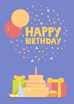 Happy birthday card design z balonami, konfetti, ciastem i pudełkiem prezentowym. ilustracja wektorowa.