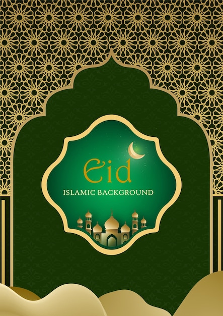 Happy Eid Pozdrowienia Zielone Złote Tło Islamski Baner Mediów Społecznościowych Darmowy Wektor
