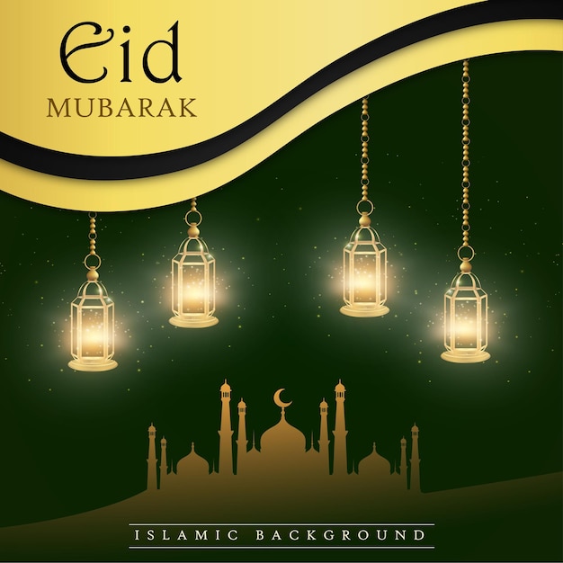 Happy Eid Pozdrowienia Zielone Złote Tło Islamski Baner Mediów Społecznościowych