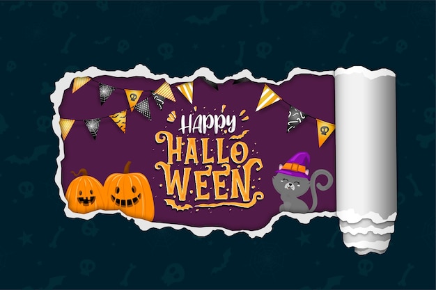 Happy Halloween Banner Z Czarnym Kotem I Dyniami.