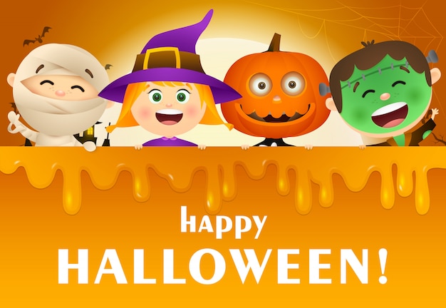Happy Halloween napis z dziećmi w strojach potworów