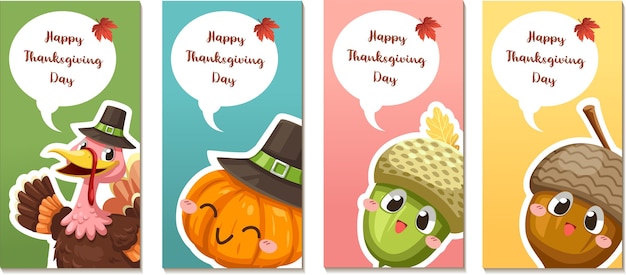 Happy Thanksgiving Day karty lub ulotki z indykiem, dynią i orzechami włoskimi