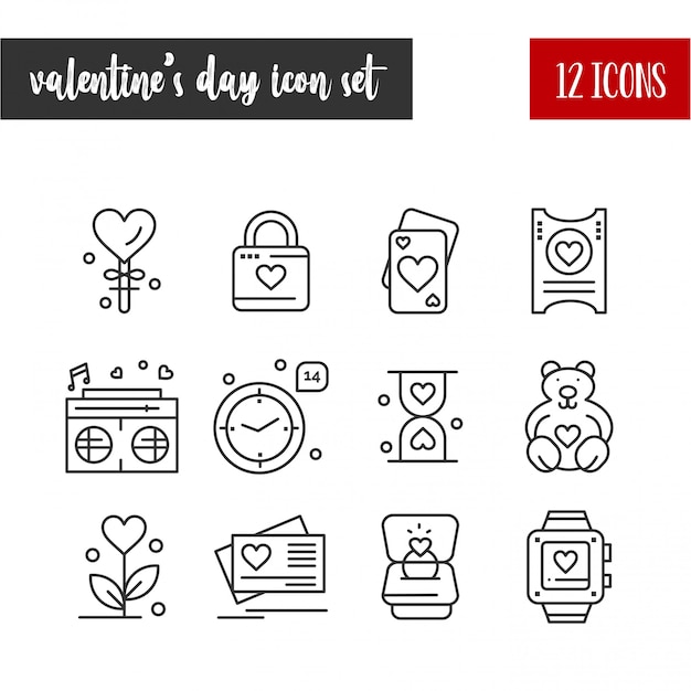 Happy Valentine's Day Outline 12 Zestaw Ikon