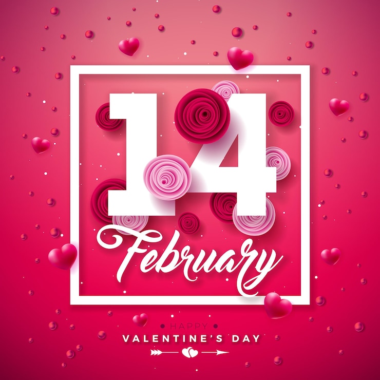 Bezpłatny plik Wektor happy valentines day design z kwiatem róży i listem z 14 lutego na jasnoróżowym tle