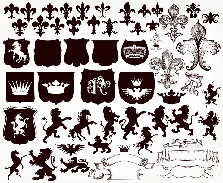 Heraldyczna kolekcja tarcz, sylwetek lwów, gryfów i fleur de lis