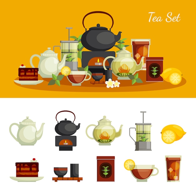 Bezpłatny wektor herbaciane ikony ustawiać z cytryna cukierem