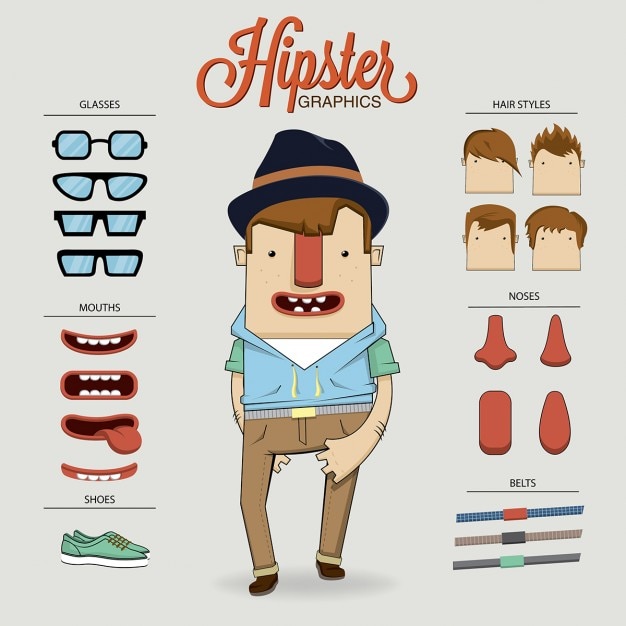 Bezpłatny wektor hipster charakterze ilustracji z elementami charakter i ikony