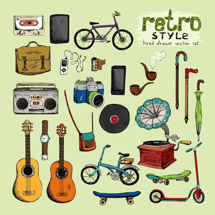 Bezpłatny plik Wektor hipster obiekty w stylu retro: kamera parasol rower rury zegara