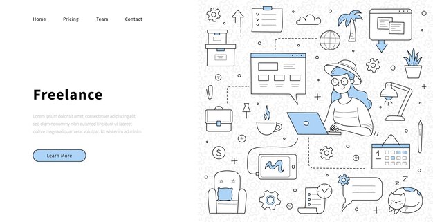 Home office baner internetowy niezależny koncepcja doodle