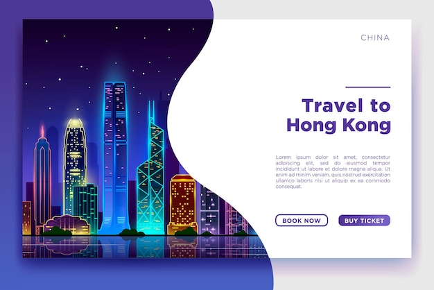 Bezpłatny wektor hong kong travel banner wektor szablon projektu z podróżami i panoramą miasta najbardziej znane zabytki i elementy atrakcji turystycznych w kolorowym tle ilustracja wektorowa