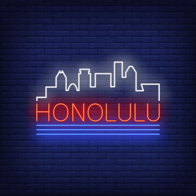 Honolulu Neon Napis I Miasto Budynków Sylwetka. Zwiedzanie, Turystyka, Podróże.