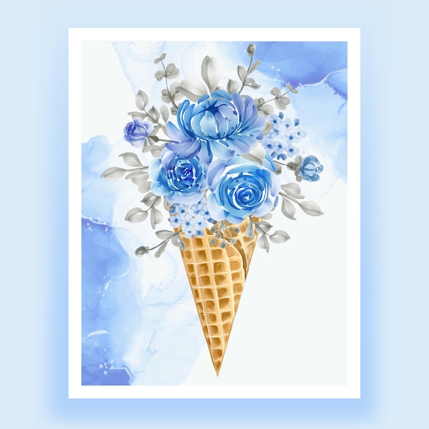 Ice Cone With Watercolor Flower Niebieski