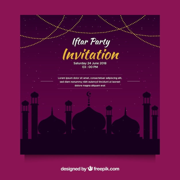 Bezpłatny wektor iftar zaproszenie z meczetową sylwetką w mieszkanie stylu