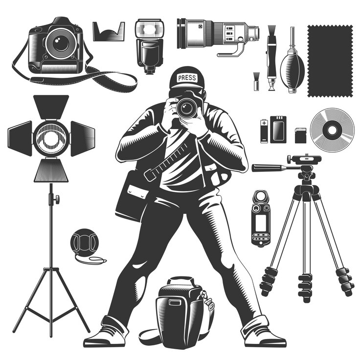 Bezpłatny plik Wektor ikona czarny fotograf vintage zestaw z elementami człowieka i sprzęt do pracy