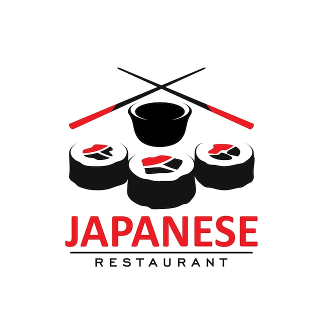 Ikona restauracji kuchni japońskiej z bułkami, sosem sojowym i kijami. azjatycka wiejska restauracja, godło wektor japońskiej kawiarni, ikona z rolkami sushi hosomaki i skrzyżowanymi pałeczkami