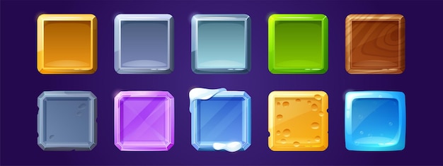 Bezpłatny wektor ikony aplikacji interfejsu gry, kwadratowe przyciski, menu kreskówek