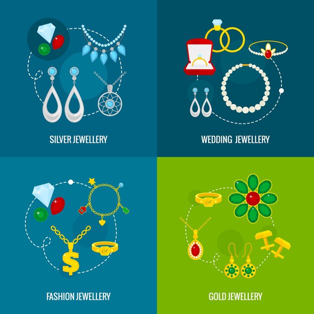 Ikony biżuteria płaski zestaw srebra złoto ślubu biżuteria mody izolowane ilustracji wektorowych
