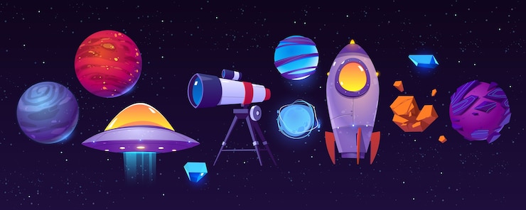 Bezpłatny plik Wektor ikony eksploracji kosmosu, planety, rakieta lub wahadłowiec, teleskop, obce ufo z asteroidą na ciemnym gwiaździstym niebie.