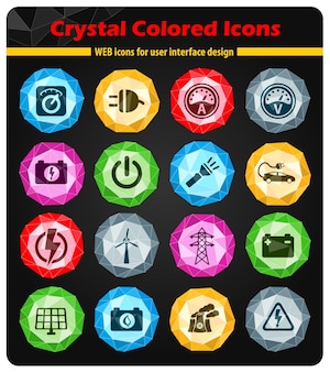 Ikony energii elektrycznej na kolorowych kryształach przycisków