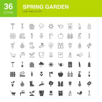 Ikony glifów internetowych linii ogród. ilustracja wektorowa zarys wiosny i stałych symboli.