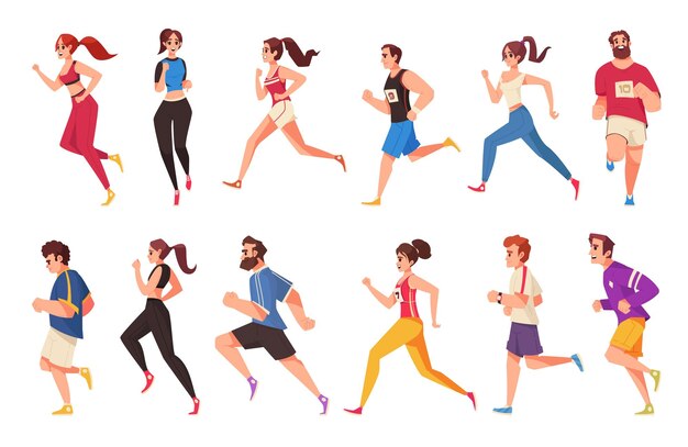 Ikony kreskówka biegaczy miejskich zestaw z ludźmi prowadzącymi maraton na białym tle ilustracji wektorowych