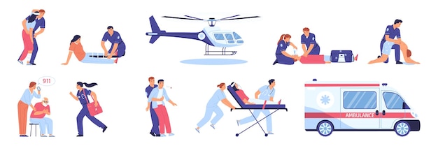 Bezpłatny wektor ikony pierwszej pomocy w nagłych wypadkach płaski zestaw z ratownikami medycznymi ratującymi ofiary wypadków na białym tle ilustracji wektorowych