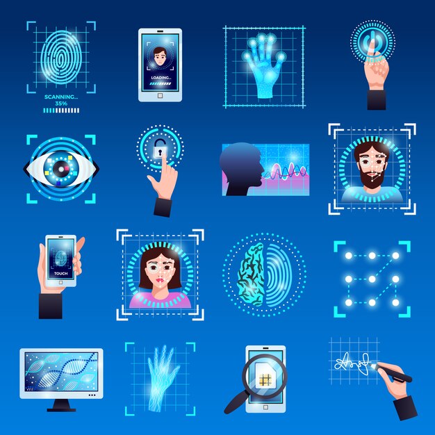 Ikony symboli technologii identyfikacji z systemów identyfikacji rozpoznawania odcisków palców na białym tle
