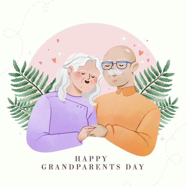 Ilustracja akwarela dzień babci i dziadka ze starszą parą trzymającą się za ręce