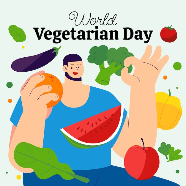 Bezpłatny wektor ilustracja dnia wegetariańskiego na płaskim świecie z człowiekiem pokazującym znak ok