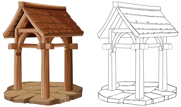 Bezpłatny wektor ilustracja drewnianej studni kolorowa i liniowa