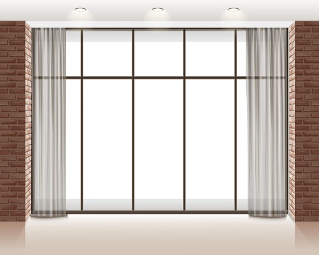 ilustracja dużego okna wewnątrz pustego pokoju na poddaszu z cegły ściany