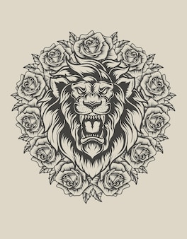 Ilustracja głowa lwa z monochromatycznym stylem kwiatu róży