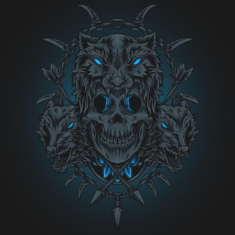 Ilustracja grafika i projekt koszulki wilk i czaszka grawerowanie ornament