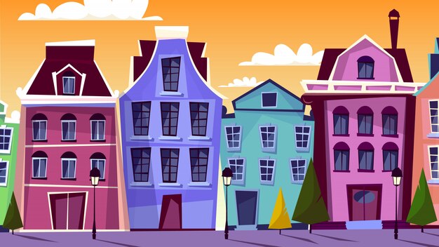 Ilustracja gród Amsterdam. Kreskówka ulice Amsterdamu i tradycyjne stare domy
