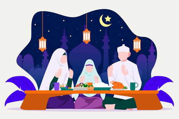 Ilustracja iftar z ludźmi jedzącymi posiłek